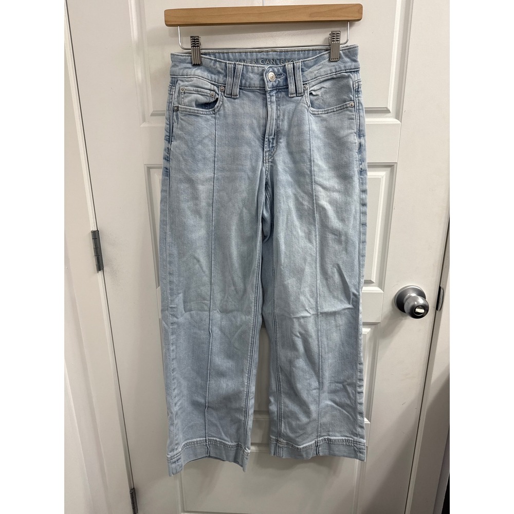 American Eagle Low Rise Baggy Wide Leg‎ Jeans Light Wash Front Seam Denim 000